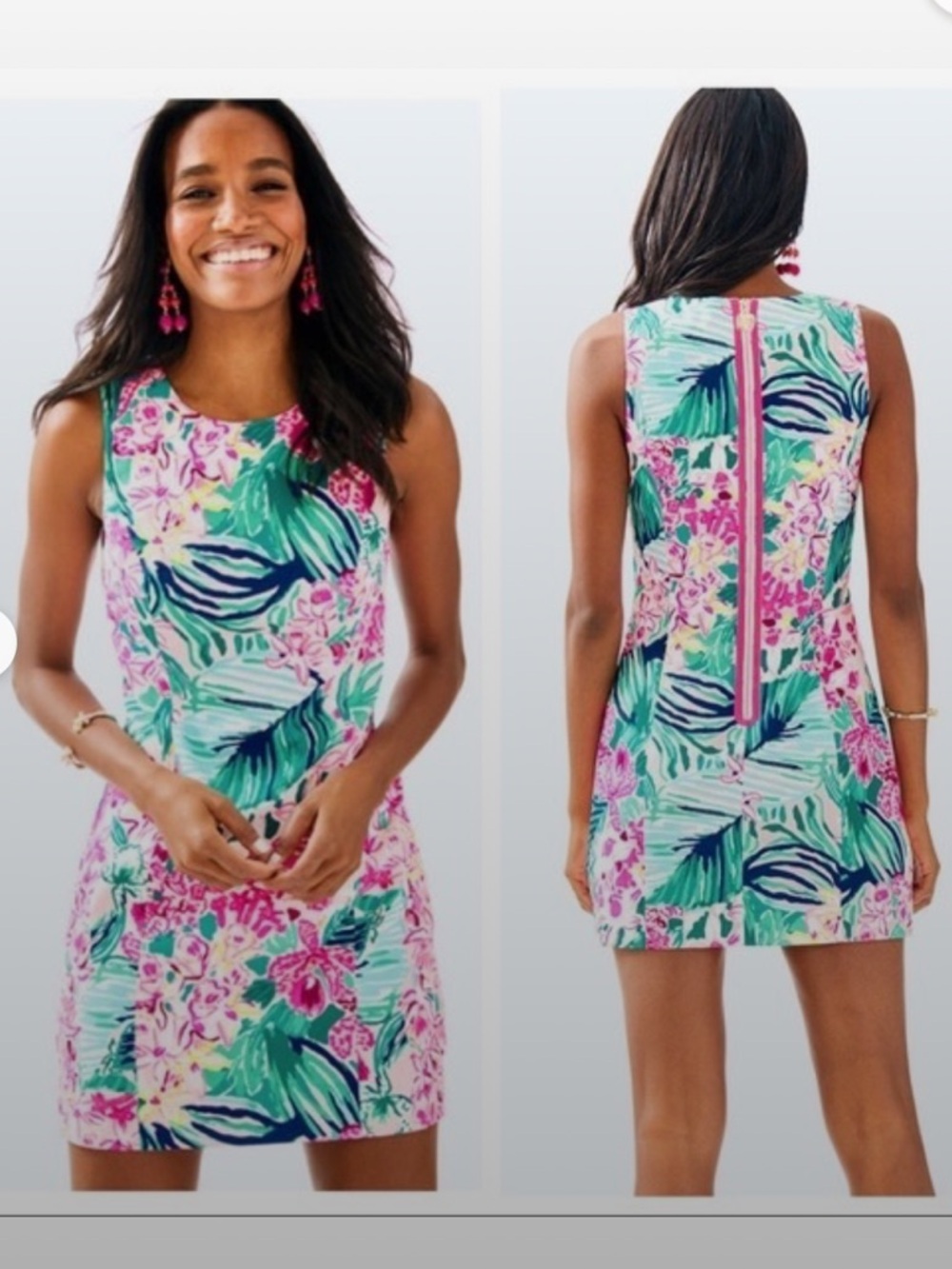 Lilly Pulitzer Mila Stretch Shift dress Via Flora pink green tropical floral 6 - Picture 4 of 12